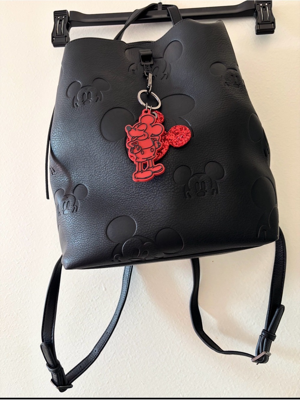 Black Mickey Embossed Backpack with Red Mickey Charm